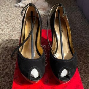 Guess Black Suede ankle strap wedges